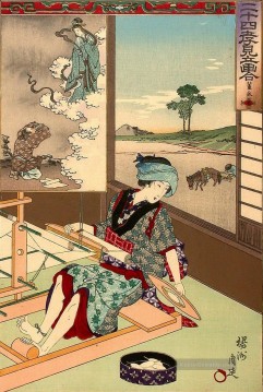  toyohara - Nijushi ko mitate e awase zeigt eine Frau, die Toyohara Chikanobu Japanisch webt